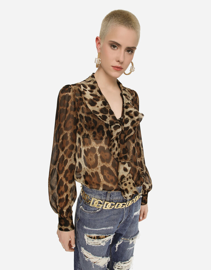Dolce&Gabbana Рубашка из шифона с леопардовым принтом и оборками леопардовым принтом F5R16TIS1MN