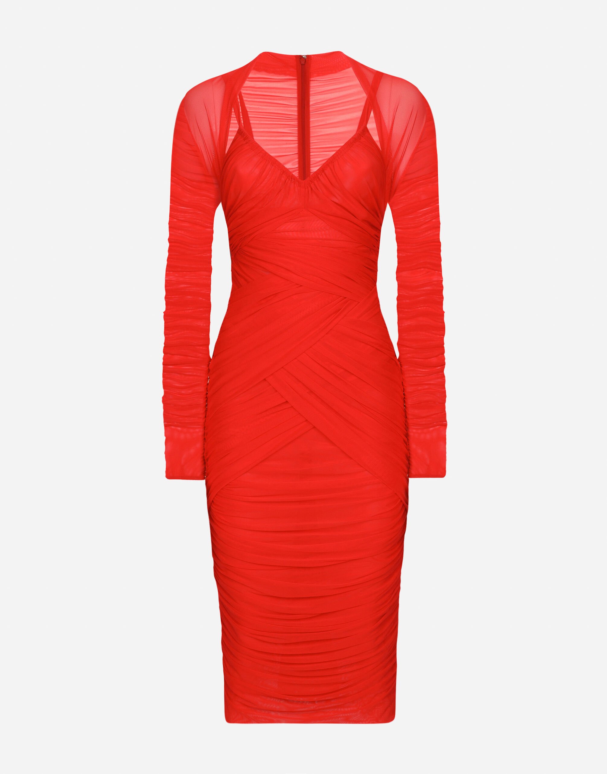 Dolce & Gabbana Drapiertes Longuette-Kleid aus Tüll Schwarz BB7475AF984