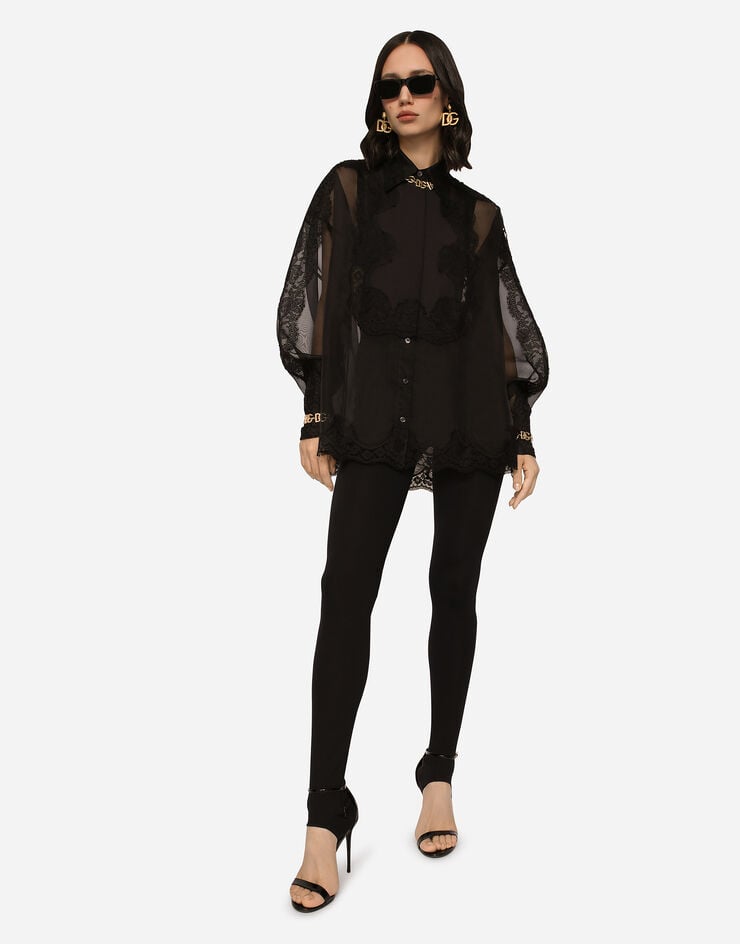 Dolce & Gabbana Camisa de esmoquin en organza con aplicaciones de encaje Negro F5Q31TFU1BU