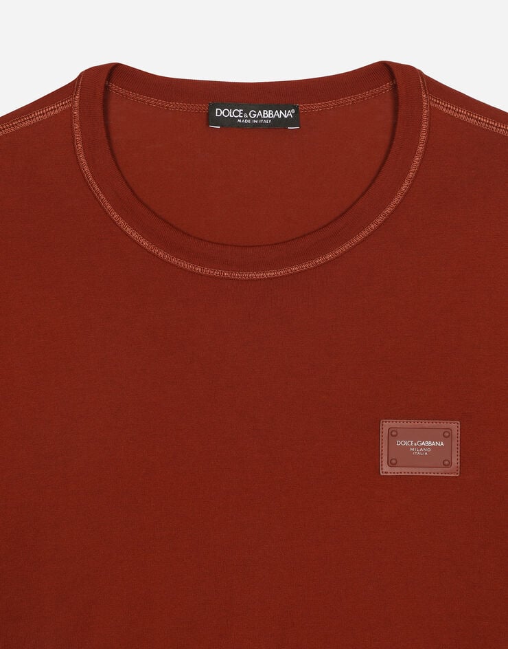 Dolce & Gabbana Cotton t-shirt with logoed plaque Copper G8KJ9TFU7EQ