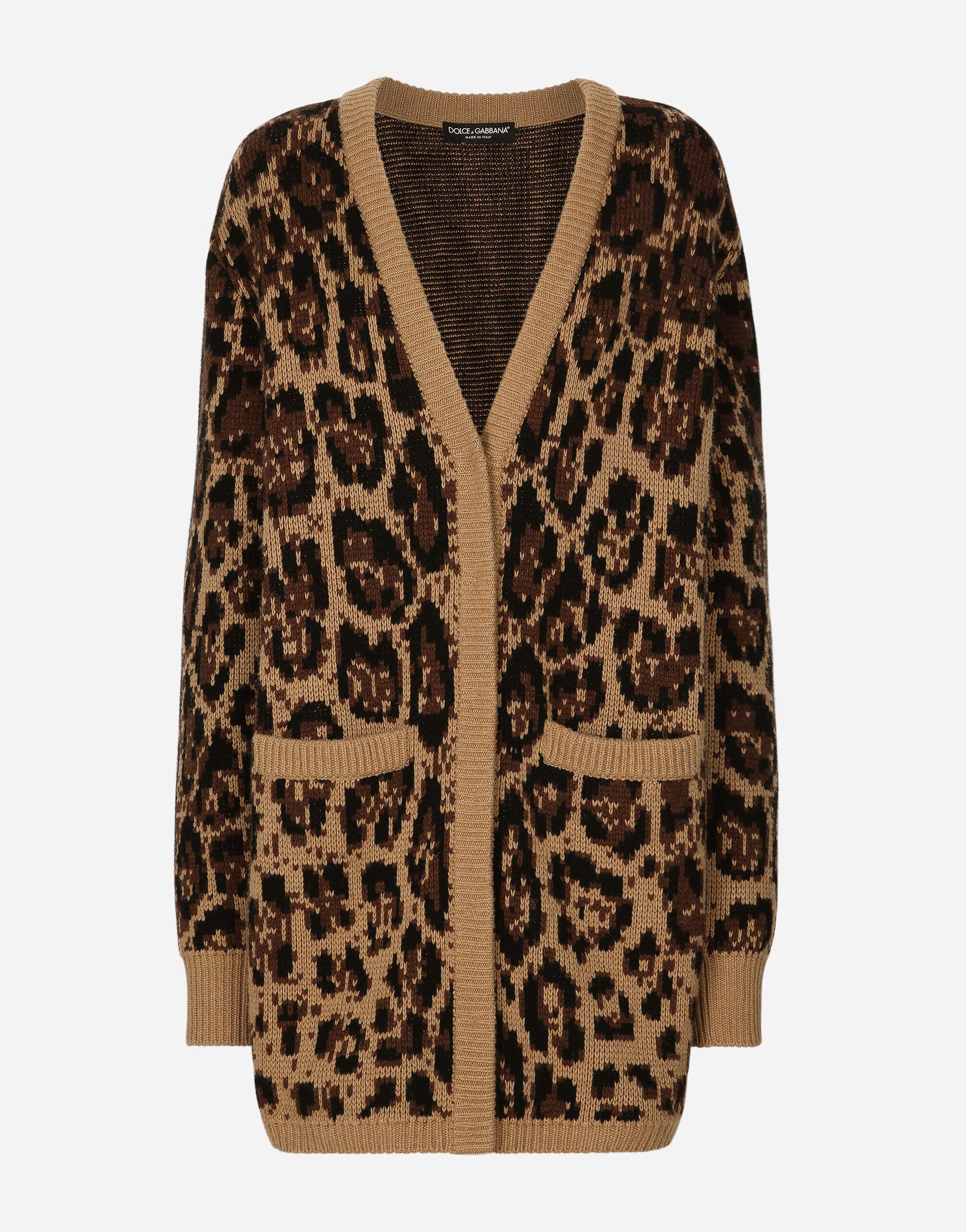 Dolce & Gabbana Langer Cardigan aus Kaschmir- und Wolljacquard Leomuster Animal-Print BB7116AM568