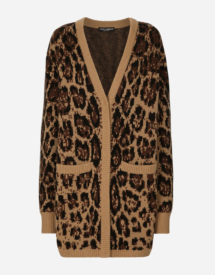 Dolce & Gabbana Langer Cardigan aus Kaschmir- und Wolljacquard Leomuster Mehrfarbig FX263TJAMKA