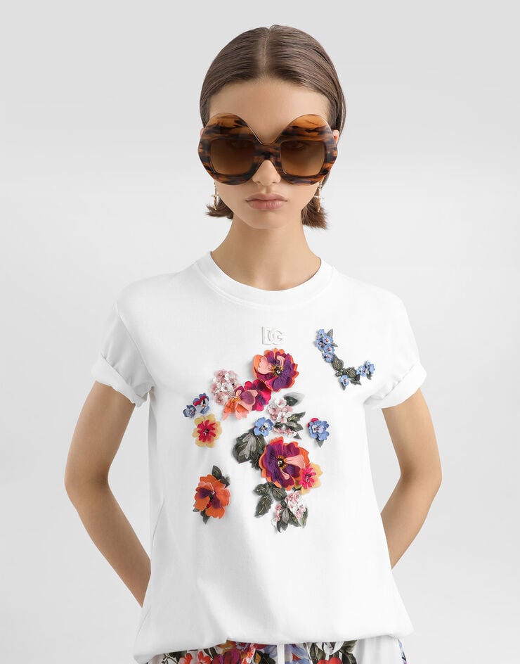 Dolce & Gabbana T-shirt en jersey avec patch de fleurs White F8V42ZGDDL2
