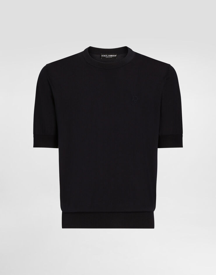 Dolce & Gabbana Silk round-neck sweater with DG embroidery Blue GXX03ZJBSK3
