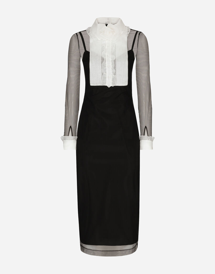 Tulle calf-length dress with organza shirt front