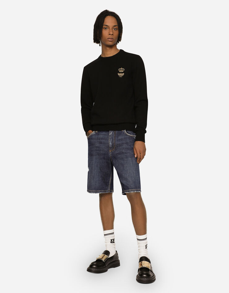 Dolce & Gabbana Round-neck wool sweater with embroidery Black GXE63ZJBVB2