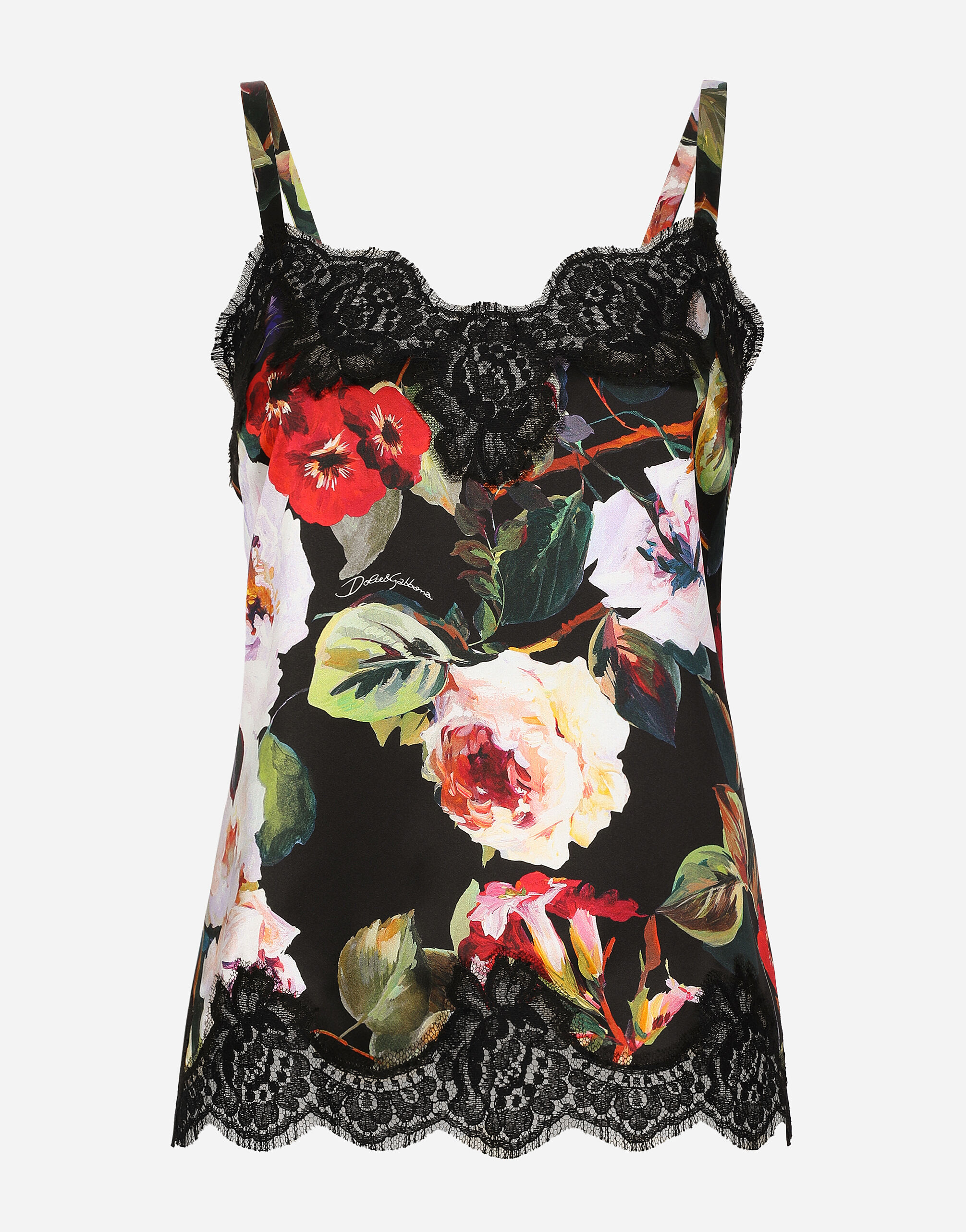 Dolce & Gabbana Satin lingerie-style top with rose garden print and lace detailing Print O1A12TFSA59