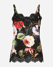 Dolce & Gabbana Top lingerie in raso stampa roseto con pizzo Nero O1G24TONQ79