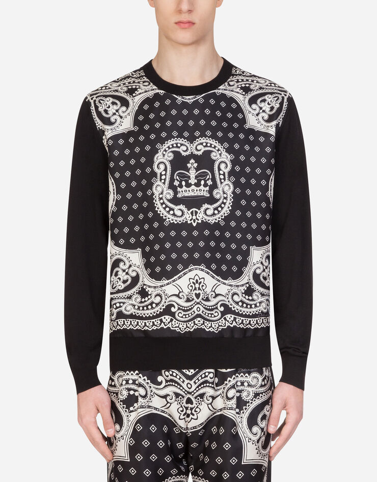 Dolce & Gabbana CREW NECK WOOL AND SILK SWEATER IN BANDANA PRINT BLACK GX868TJAMM9