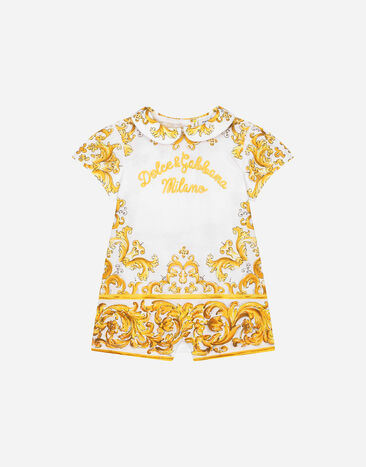 Dolce & Gabbana Strampler aus Jersey mit gelbem Majolika-Print und Dolce&Gabbana-Logo Drucken L21O84G7EX8