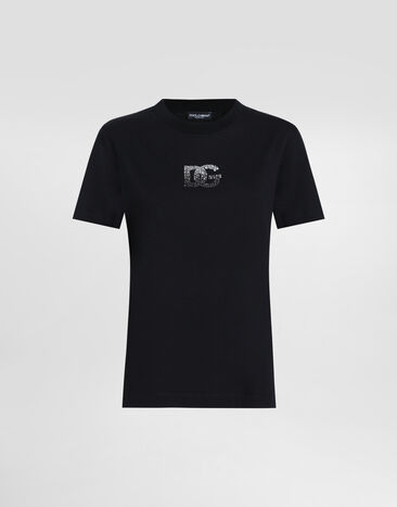 Dolce & Gabbana Jersey T-shirt with rhinestone DG logo embellishment Pink F8N08ZGDCX1