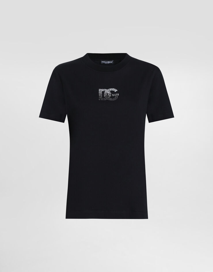 Dolce & Gabbana تيشيرت جيرسي مزين بشعار DG بحجر راين أسود F8V42ZGDCXZ