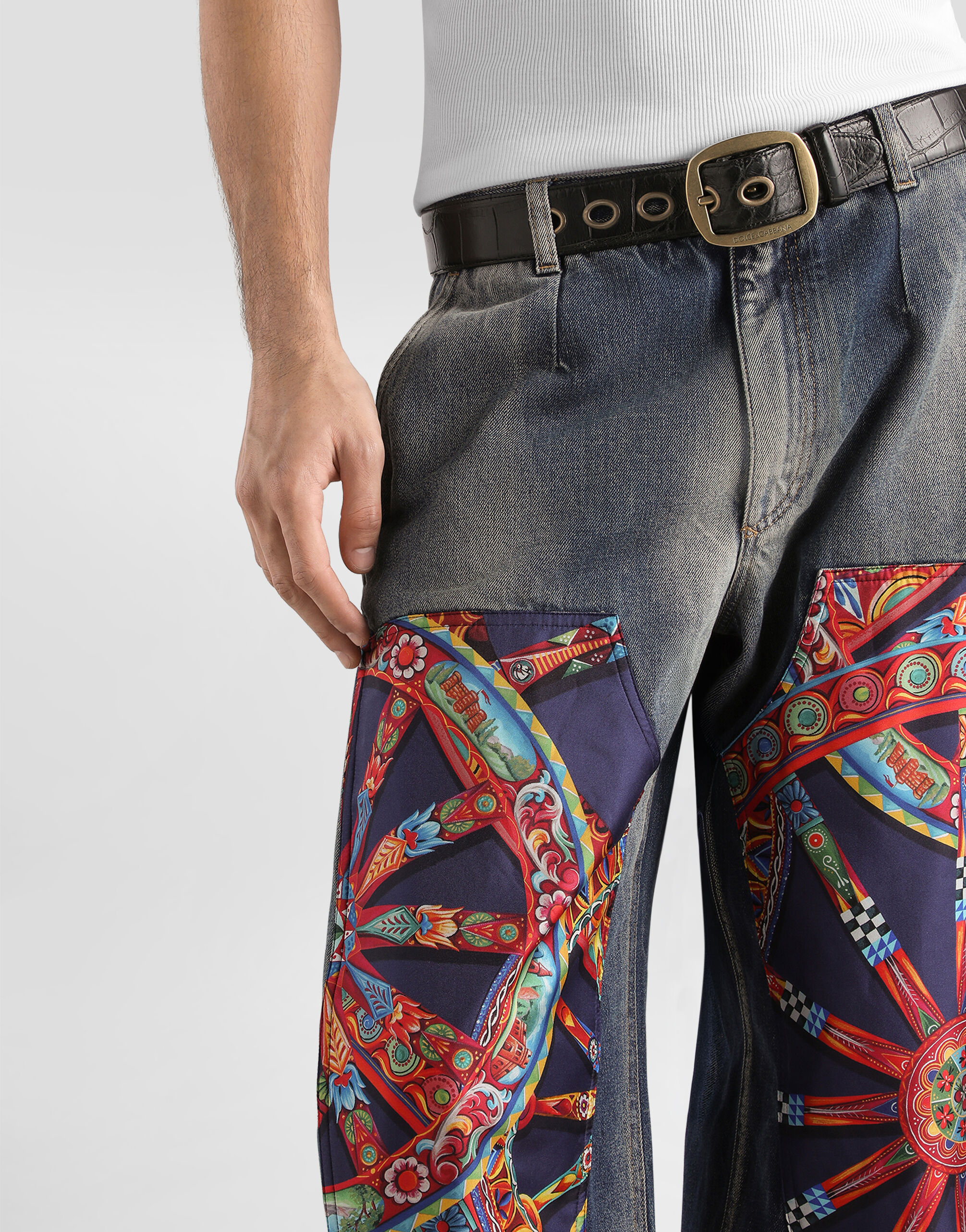 Cotton denim trousers with carretto-print applications in