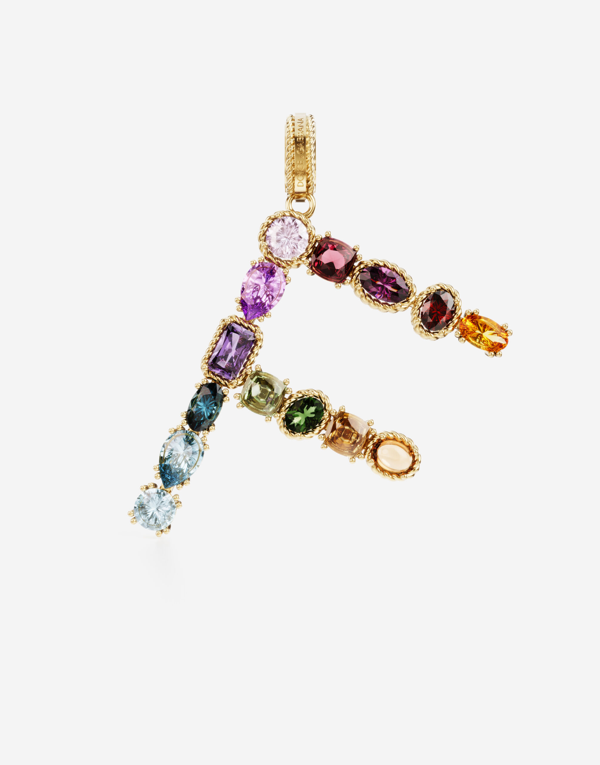 Dolce & Gabbana Rainbow alphabet F 18 kt yellow gold charm with multicolor fine gems White WAQA3GWTOLB