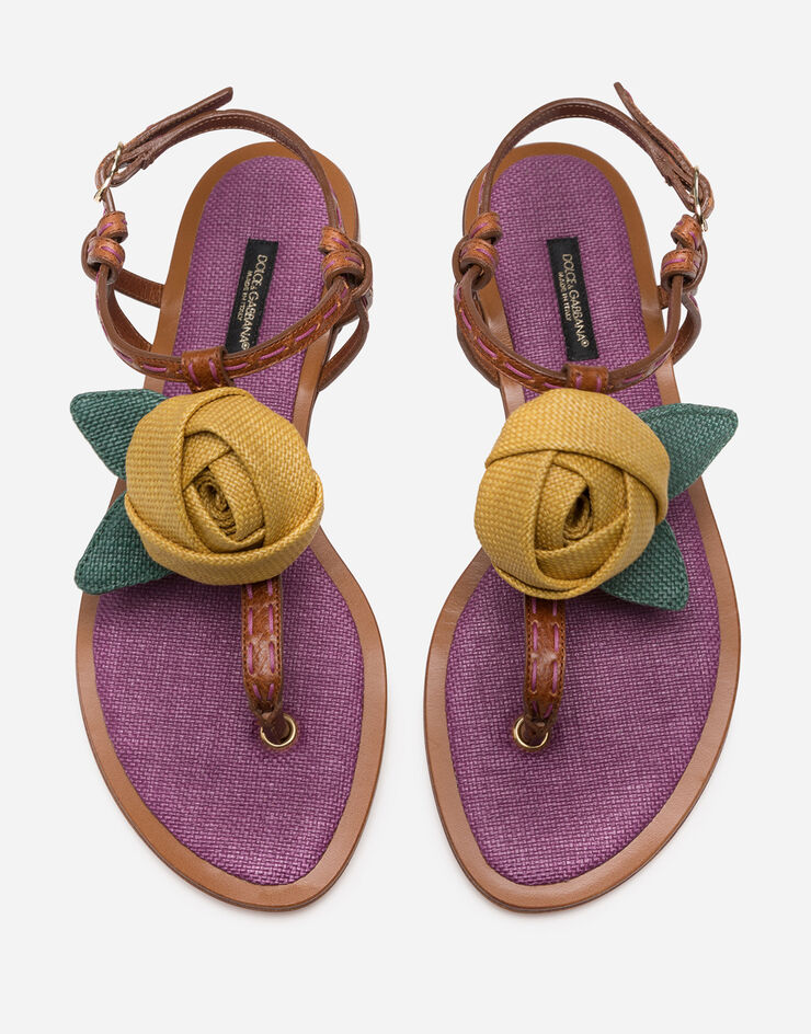 Dolce & Gabbana FLIP FLOPS IN POLISHED COWHIDE WITH ROSE APPLIQUÉ BROWN CQ0336AX070