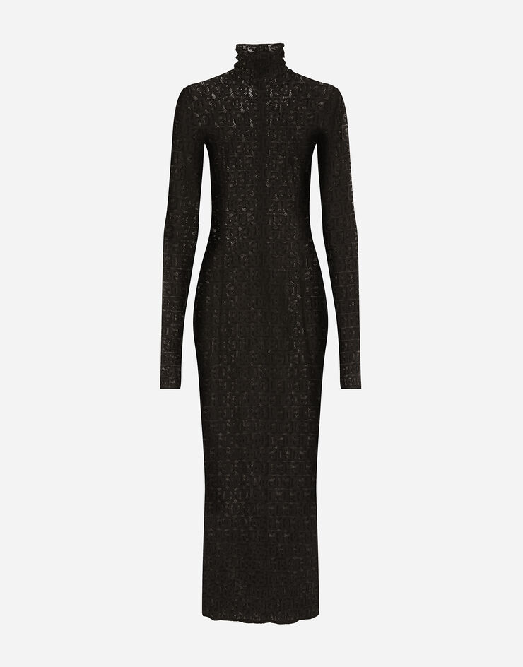 Dolce & Gabbana Vestido longuette de tul con motivo integral del logotipo DG Negro F6ATRTFLEAQ