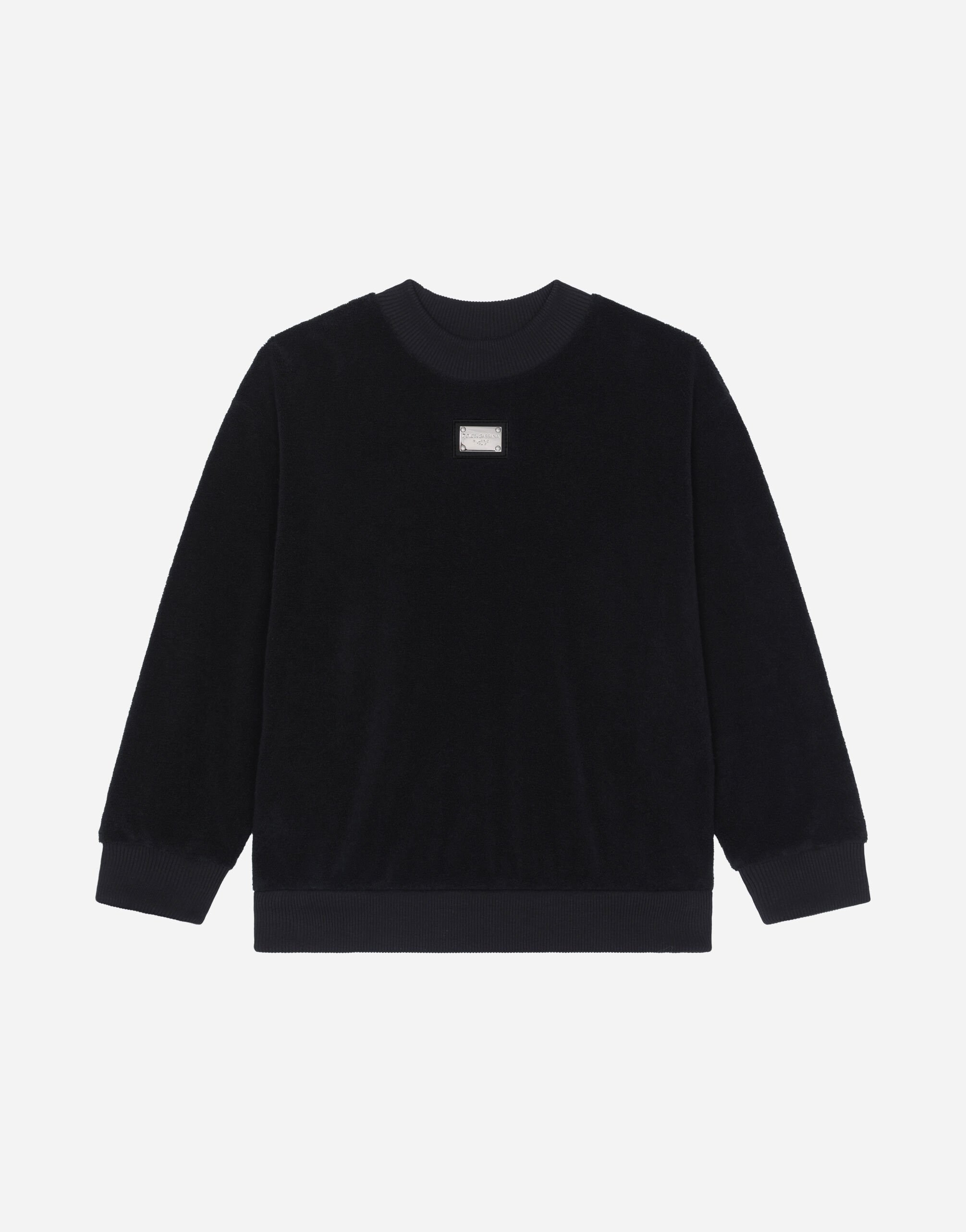 Dolce & Gabbana Round-neck terrycloth sweatshirt with logo tag Black L4JTEYG7K8Z