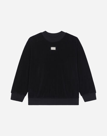 Dolce & Gabbana Rundhalssweatshirt aus Frottee Logoplakette Schwarz L4JWGVG7I8U
