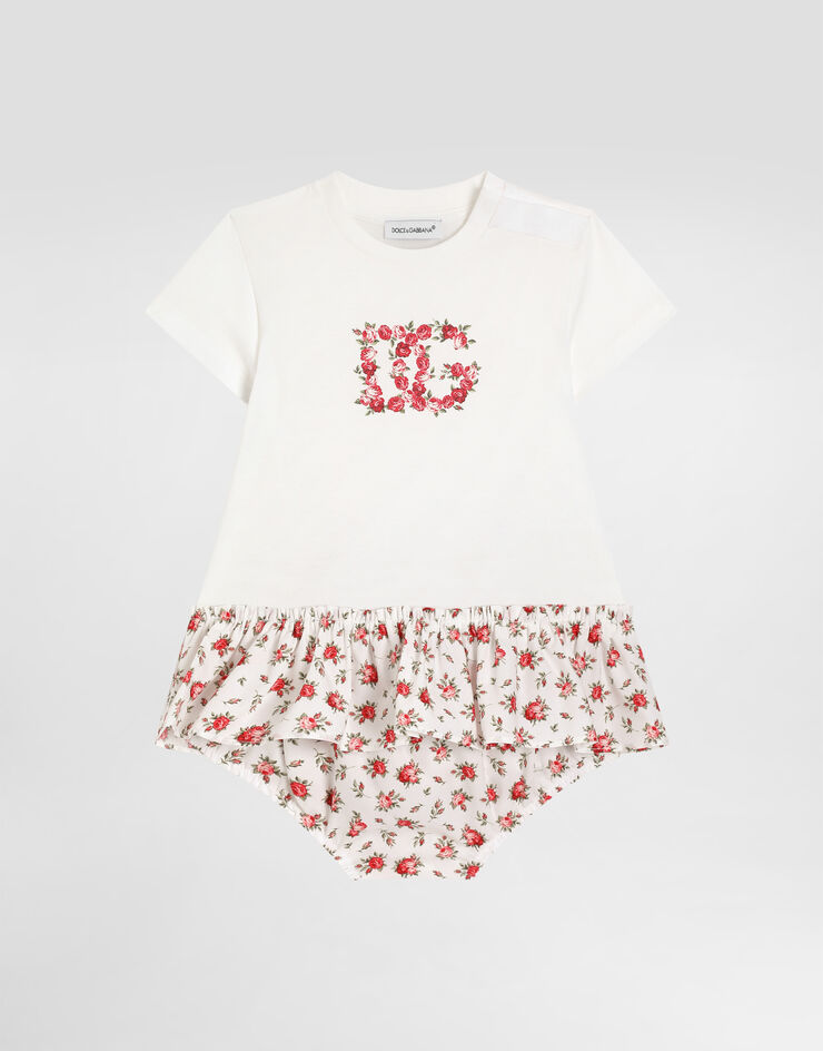 Dolce & Gabbana Small rose-print jersey and poplin dress with DG logo Multicolor L2JDB8G7PVM