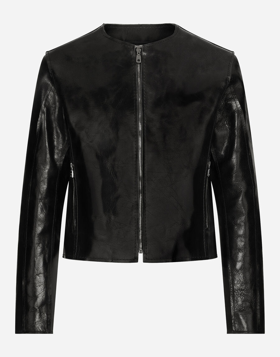 Collarless leather jacket