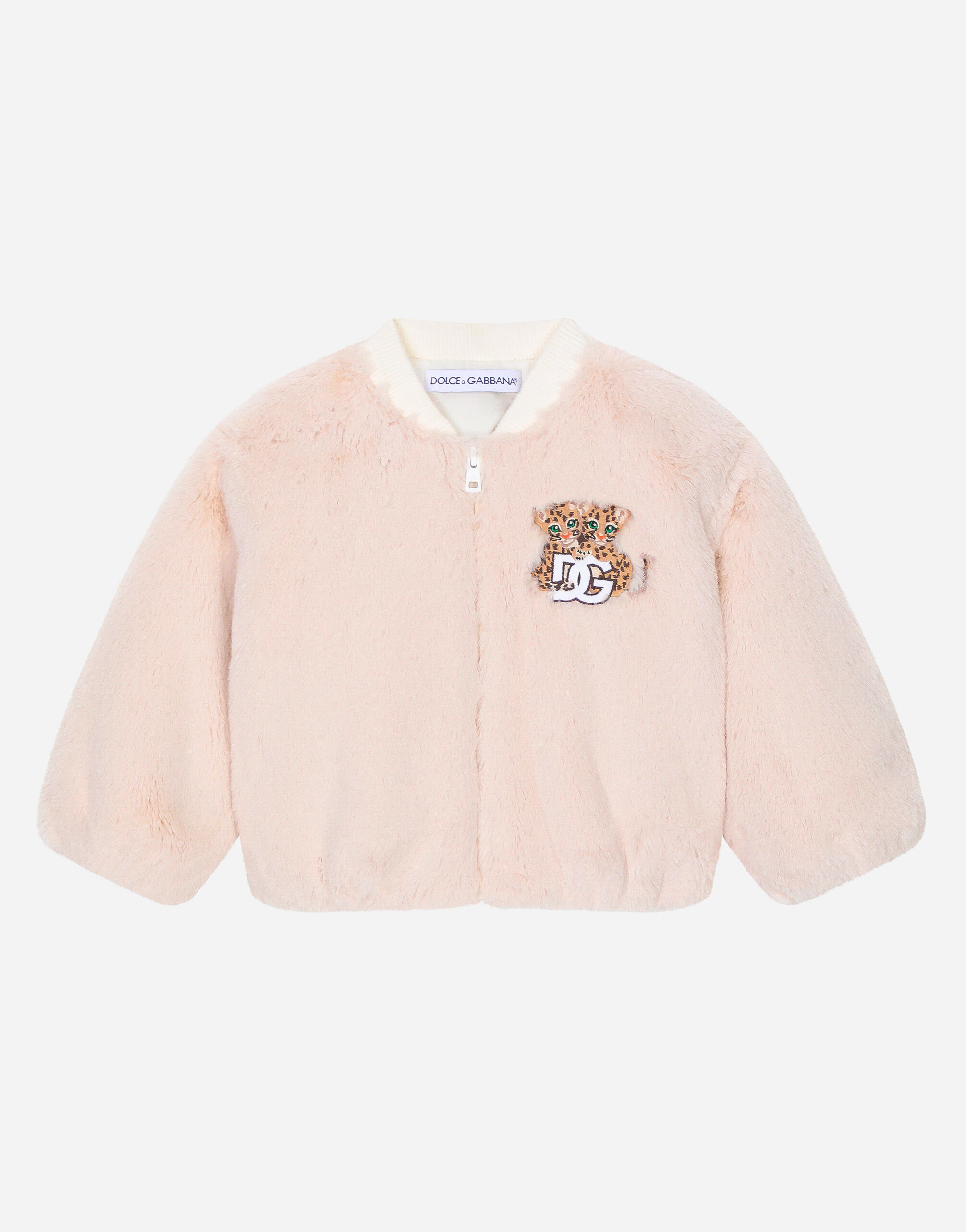 Dolce & Gabbana Bomber en fausse fourrure avec écusson bébé léopard brodé Imprimé L2JW9XHS7OJ