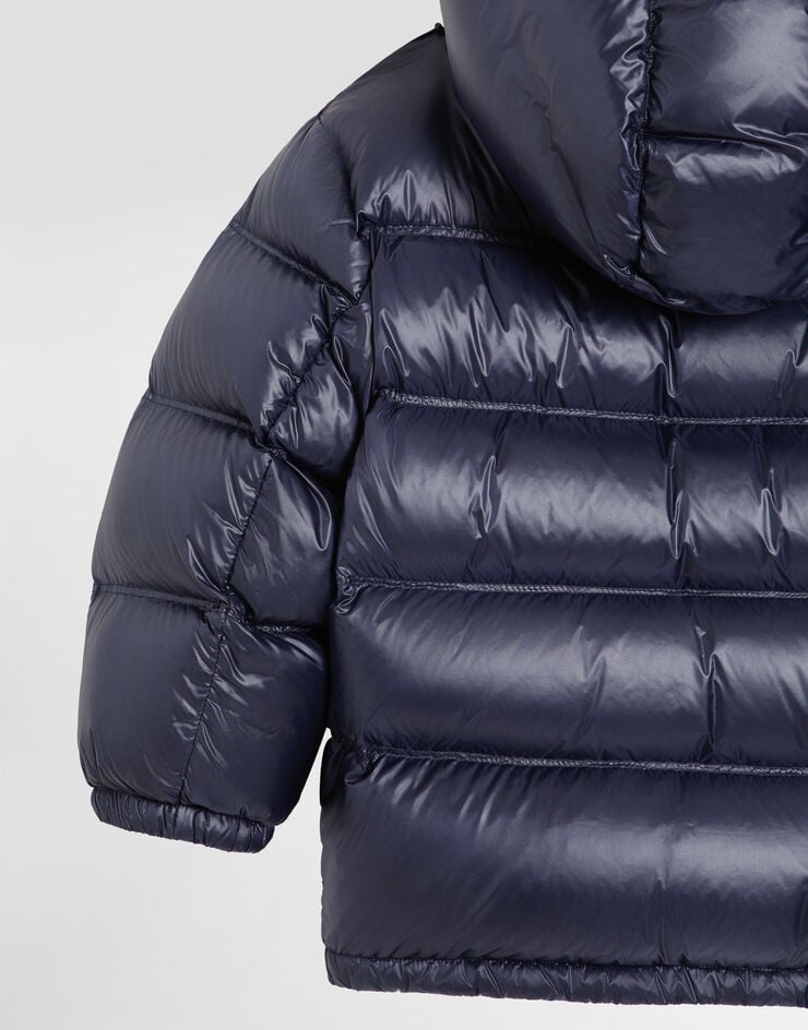 Dolce & Gabbana Long down jacket with detachable hood in shiny nylon Blue L4JB6FFUS3Y