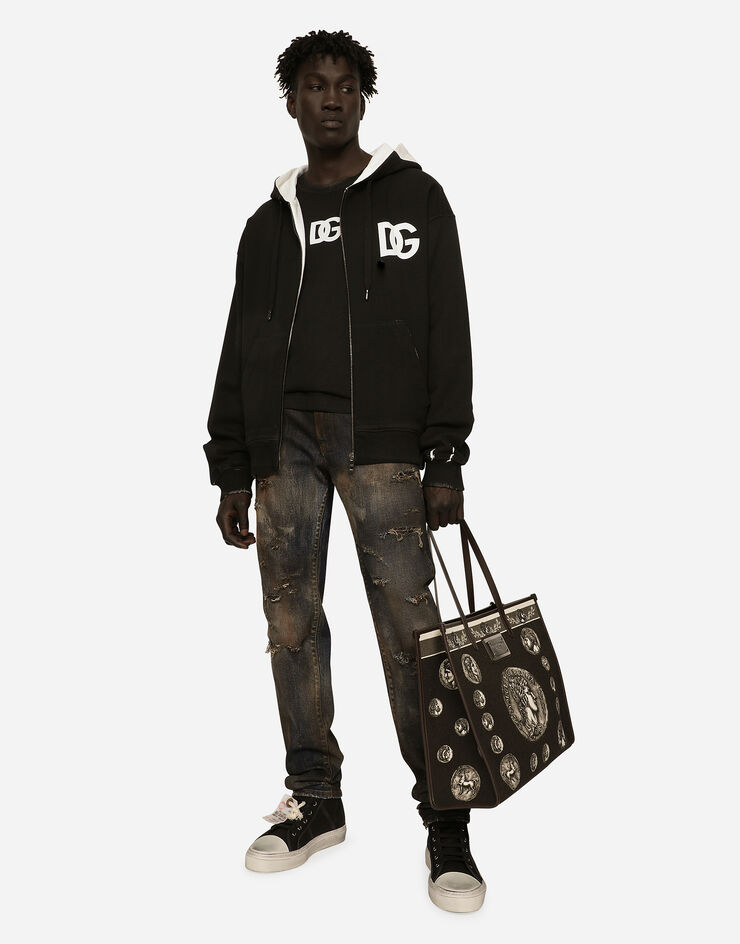 Dolce&Gabbana Felpa jersey cappuccio e zip stampa logo DG Nero G9AIYTG7JJ7