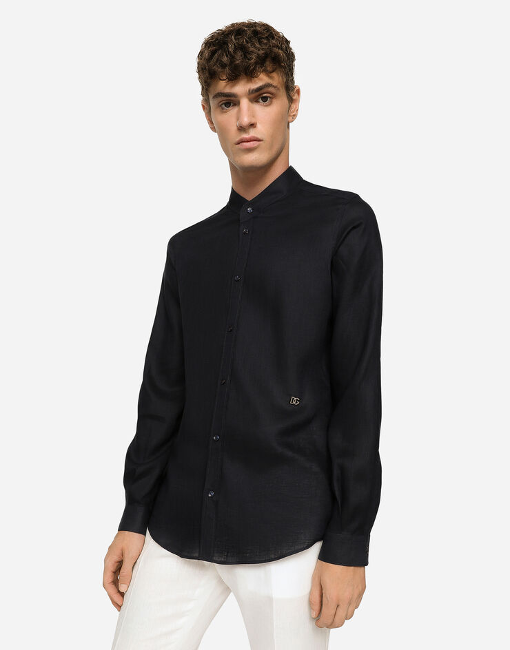 Dolce&Gabbana Linen Martini-fit shirt with DG hardware Blue G5KC5TGG866