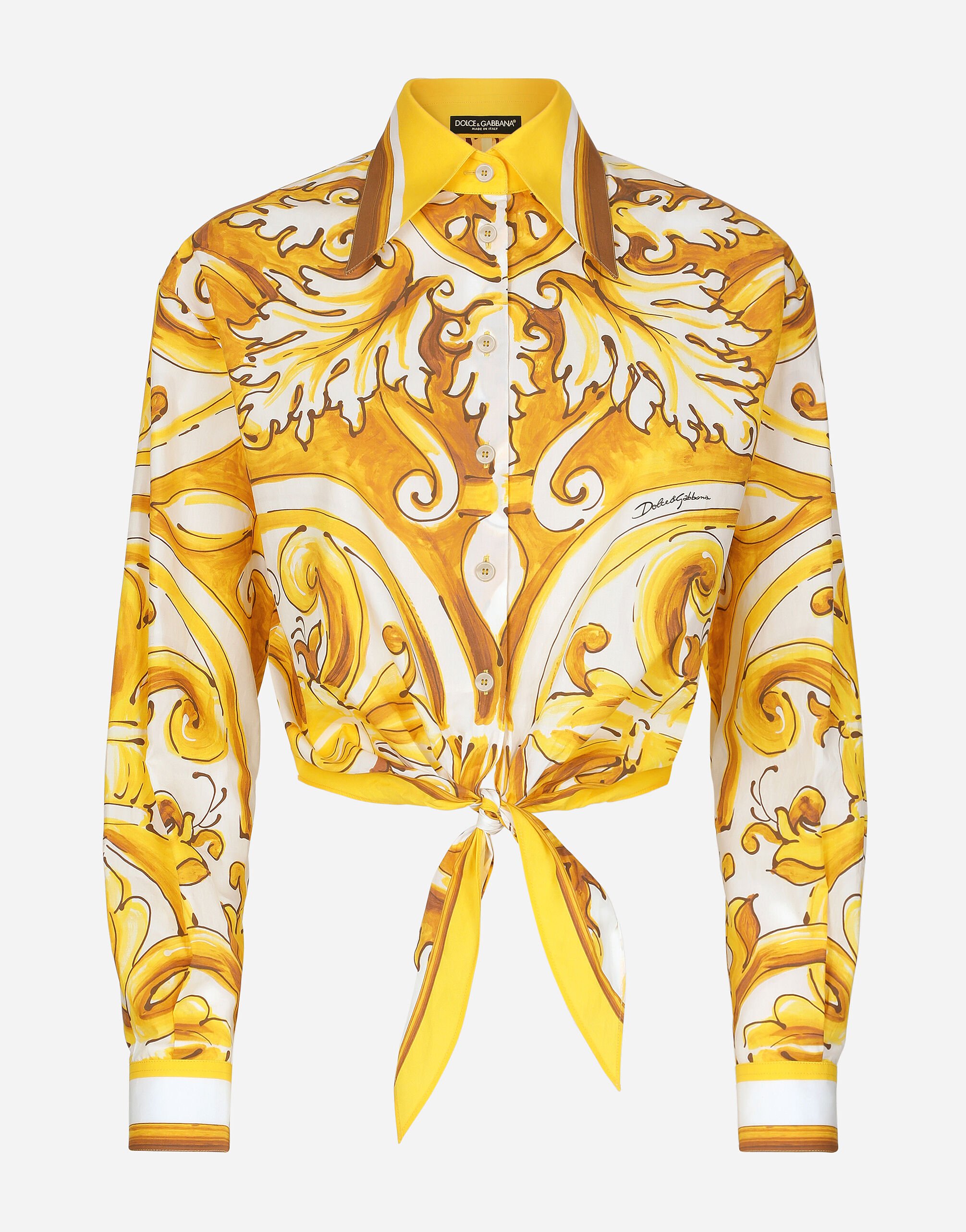 Dolce & Gabbana Camisa cropped en popelina de algodón con estampado Maiolica Amarillo BB6003AW050