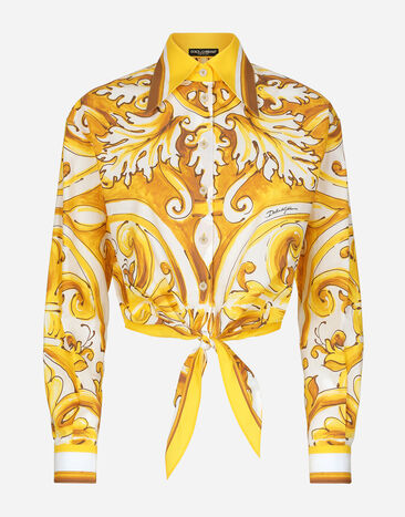 Dolce & Gabbana Camisa cropped en popelina de algodón con estampado Maiolica Imprima F5S65TFI5JK