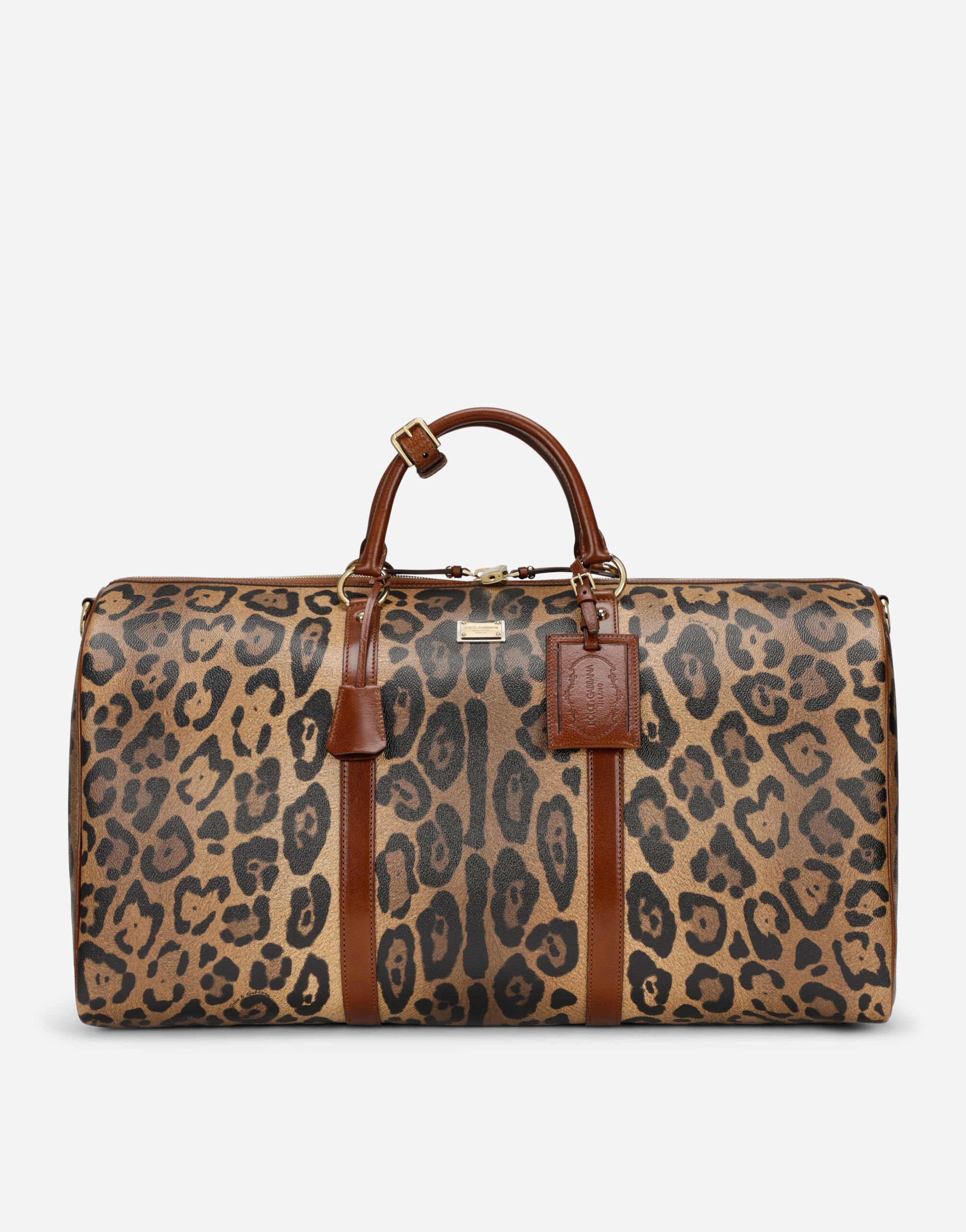 Dolce & Gabbana Bolsa de viaje mediana en crespo estampado leopardo con placa con logotipo Multicolor BI3076AW384