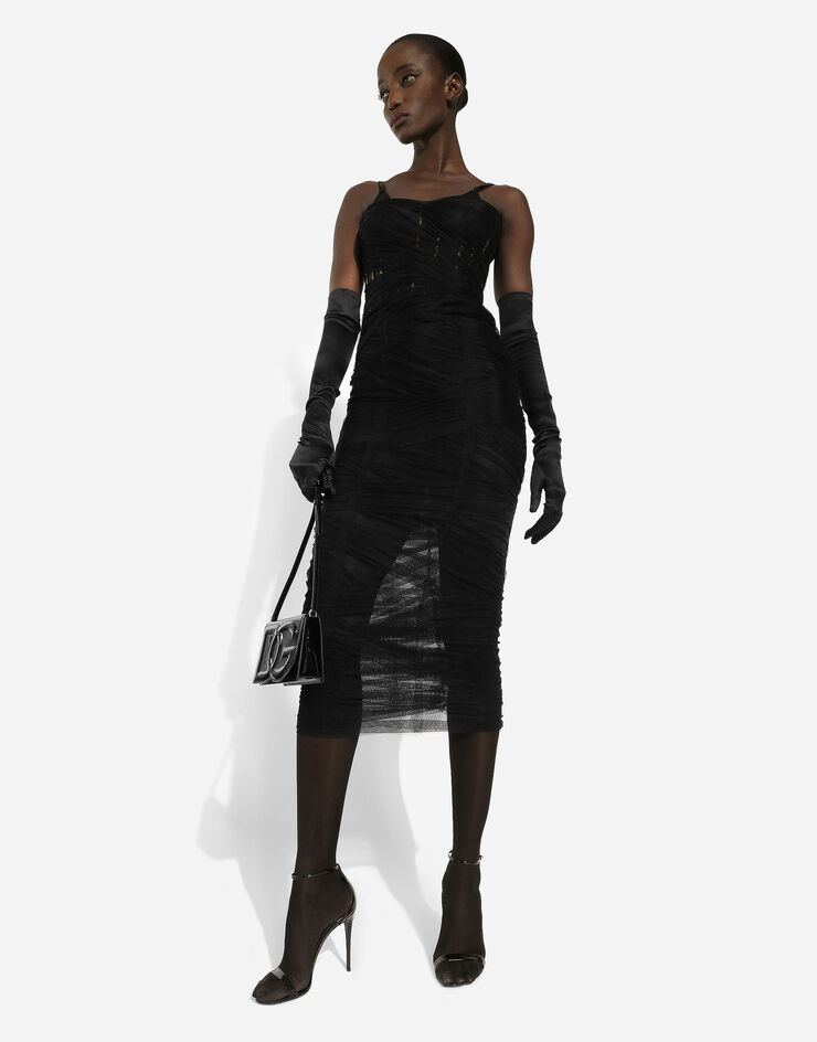 Dolce&Gabbana Tulle calf-length corset dress with draping Black F6DJYTHLUAC
