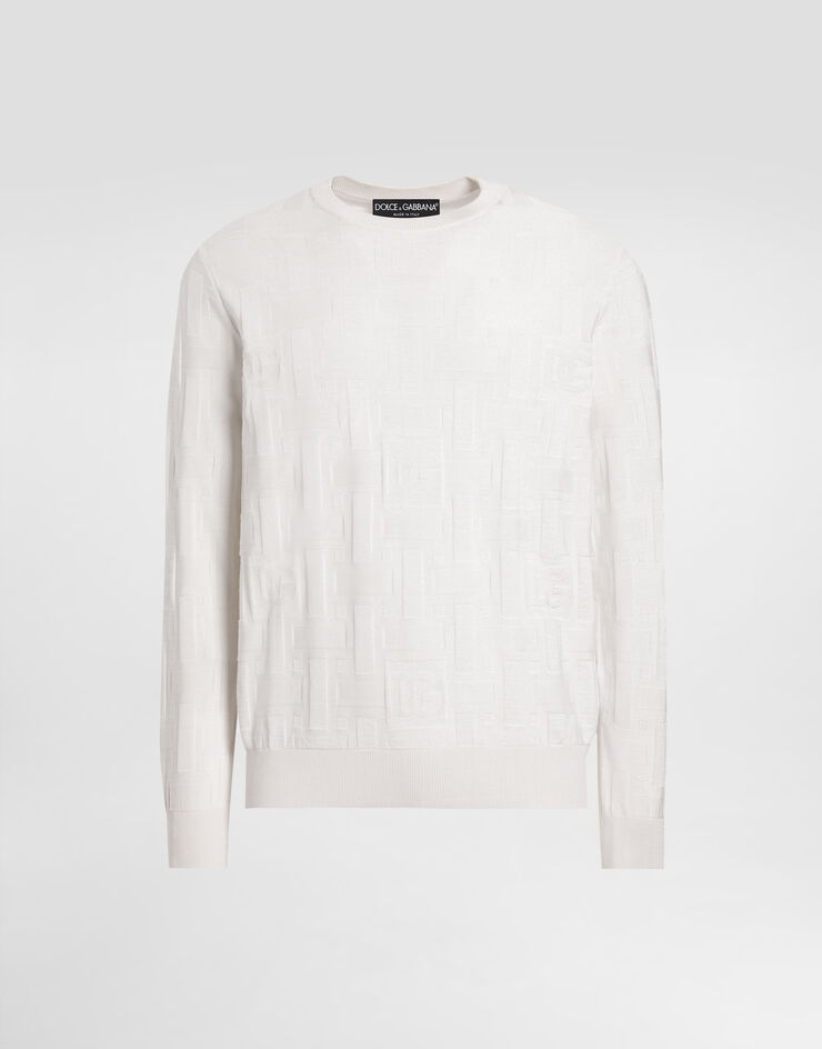 Dolce & Gabbana Pull ras de cou en soie avec logo DG brodé all-over Blanc GXX02TJBSK5