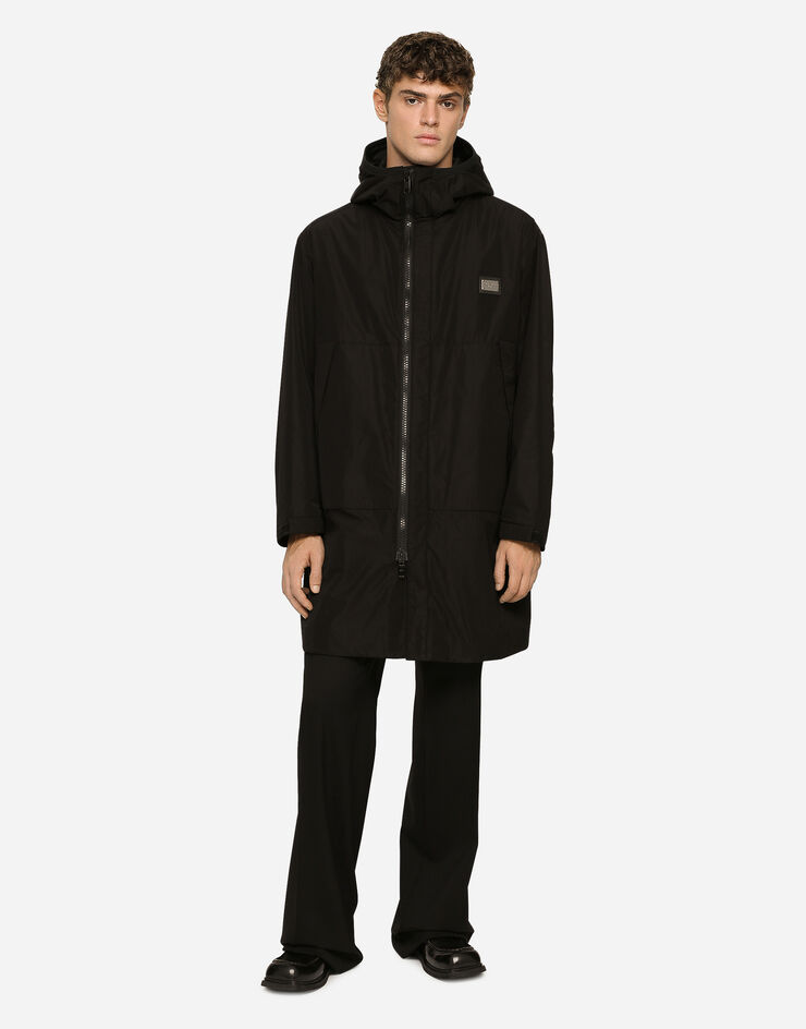 Dolce&Gabbana Nylon parka with hood and branded tag Black G036HTFUSXT