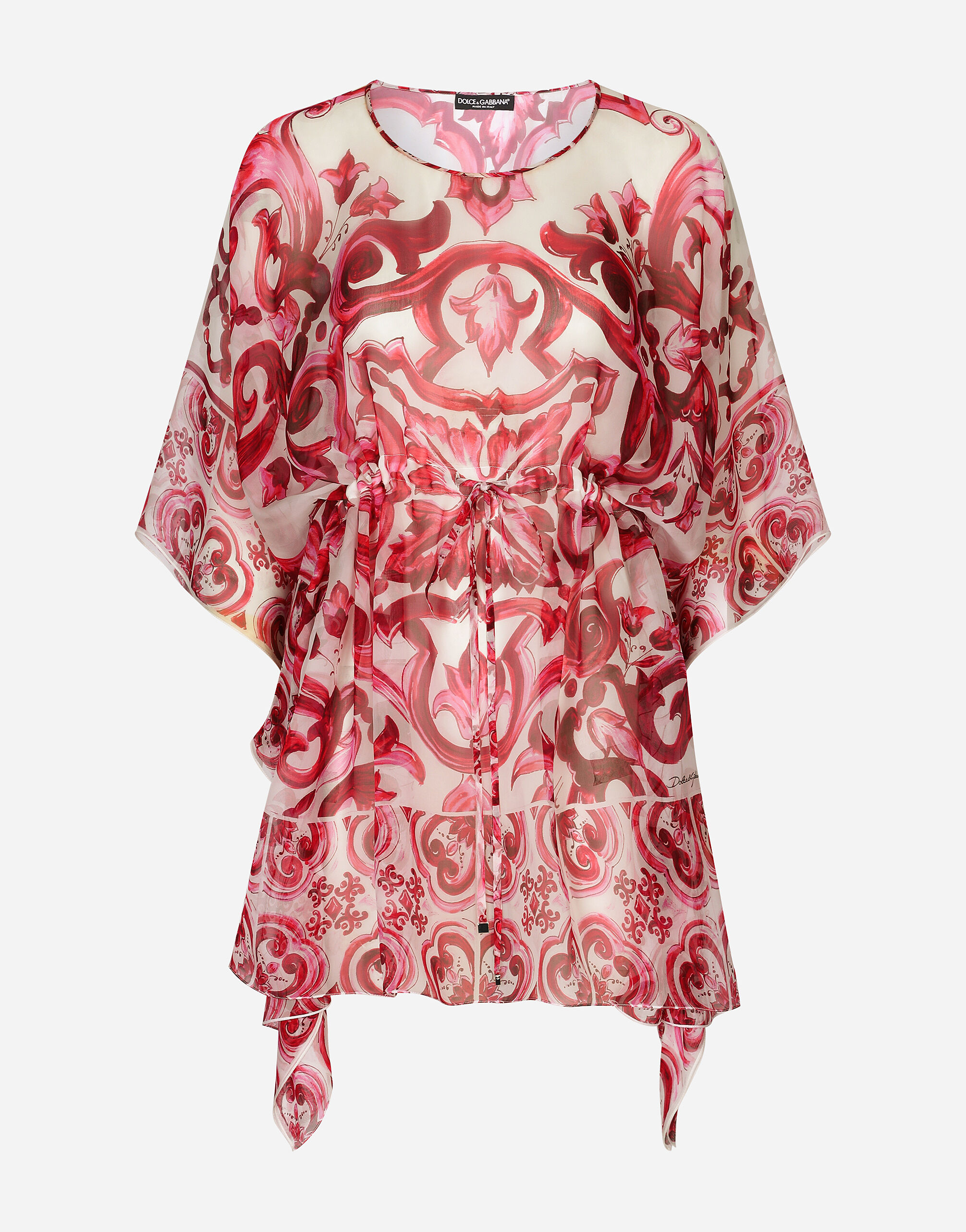 Dolce & Gabbana Kurzer Kaftan aus Chiffon Majolika-Print Weiss BB7287AW576