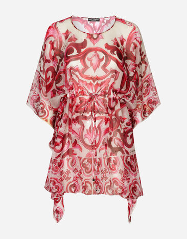 Dolce & Gabbana 마욜리카 프린트 시폰 쇼트 카프탄 푸시아 핑크 BB6003A1001