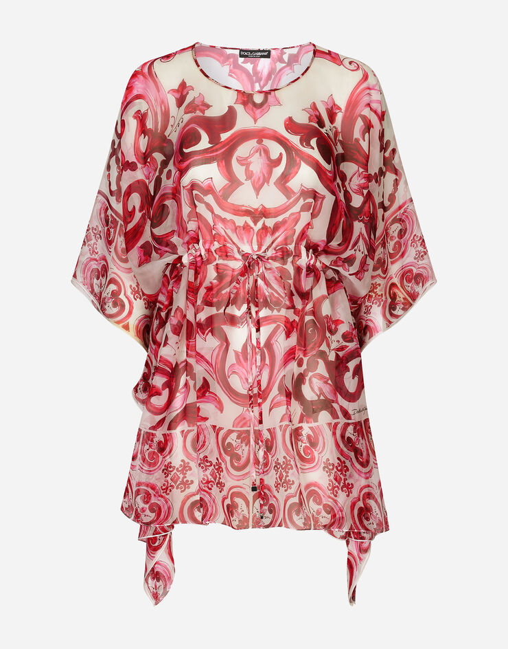 Dolce&Gabbana Kurzer Kaftan aus Chiffon Majolika-Print Mehrfarbig F6F1ITHI1BL