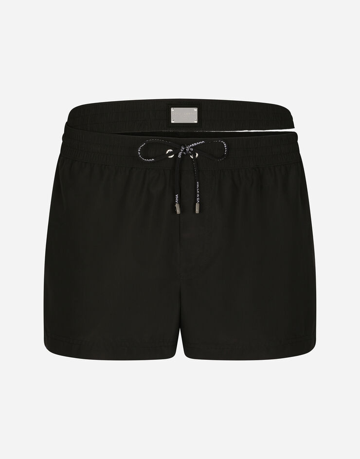 Dolce & Gabbana Short swim trunks with double waistband and branded tag Black M4E37TFUSFW