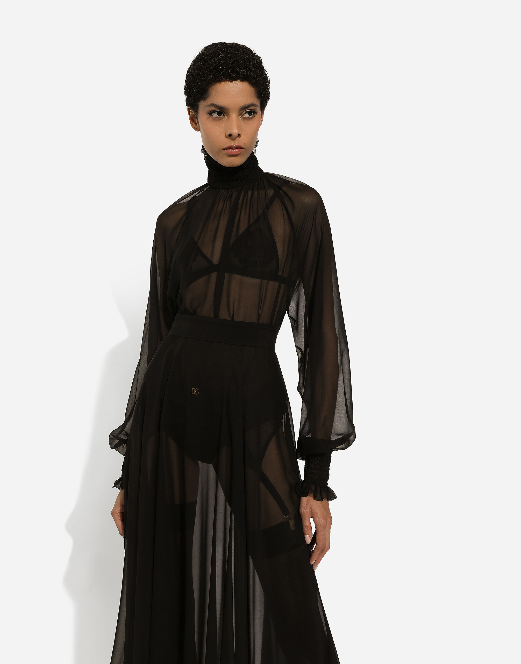 【オープニング 大放出セール】 blouse Chiffon with for Black in detailing smock-stitch トップス
