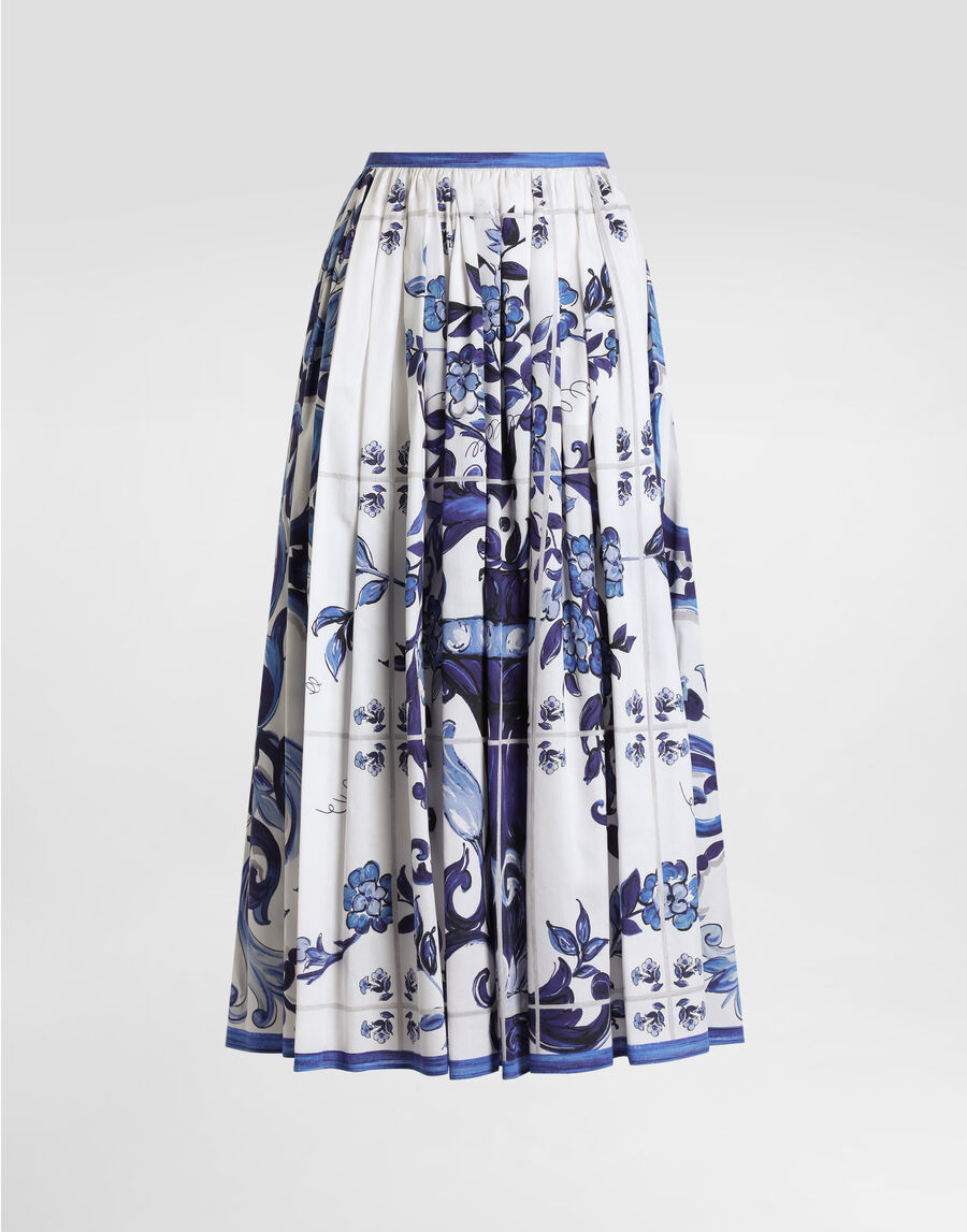 Majolica-print long cotton satin skirt