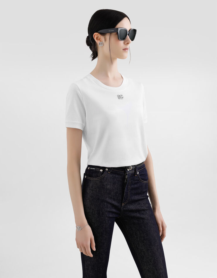 Dolce & Gabbana Jersey T-shirt with crystal DG embellishment White F8N08ZG7B3U