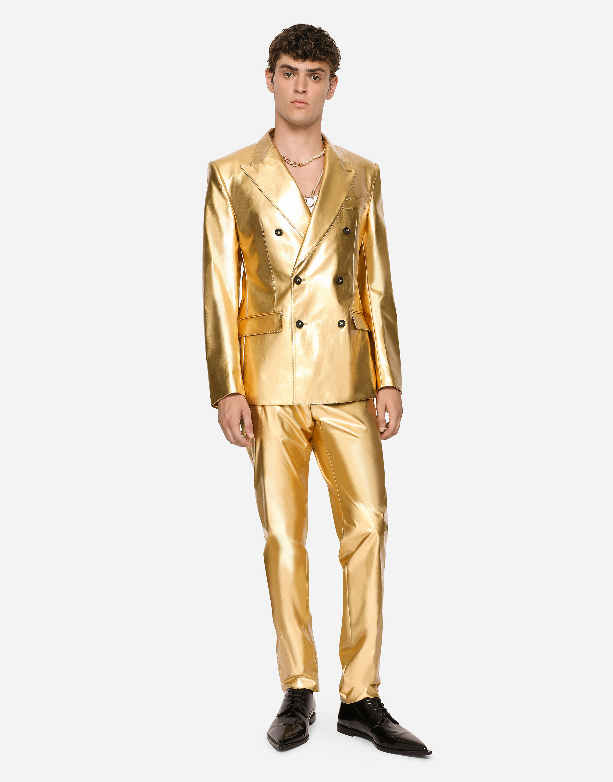 Double-breasted Sicilia suit in laminated fabric in Gold for Men