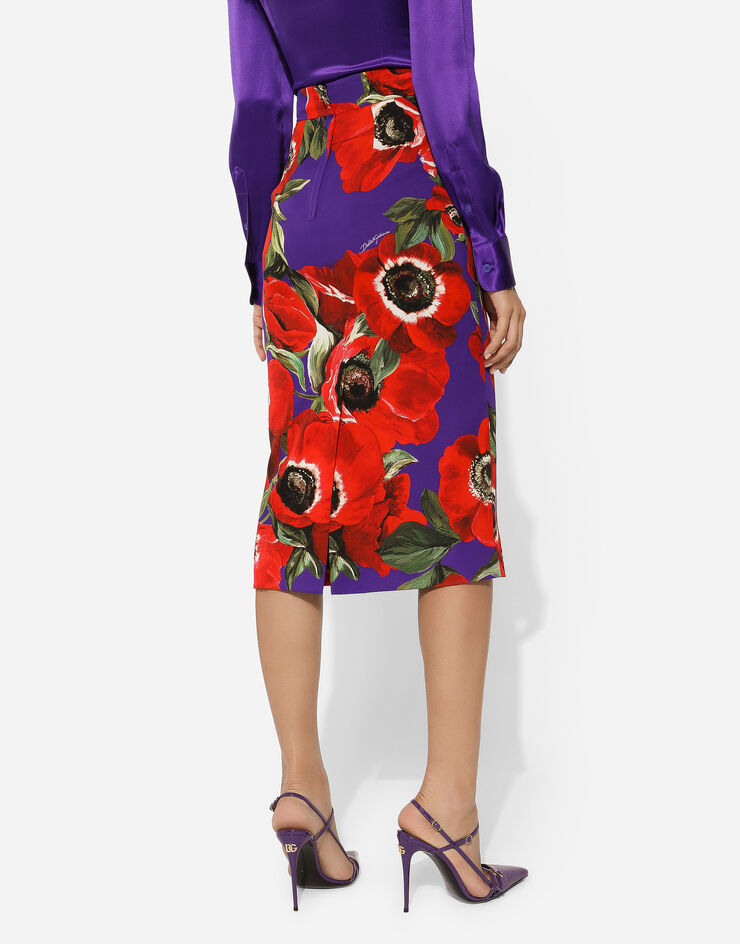 Dolce & Gabbana Charmeuse calf-length skirt with anemone print Print F4CS8TFSA55