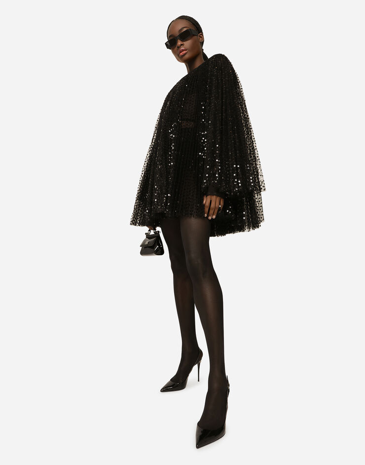 Dolce&Gabbana Short pleated dress with full sequined sleeves Black F6AUYTFLSHD