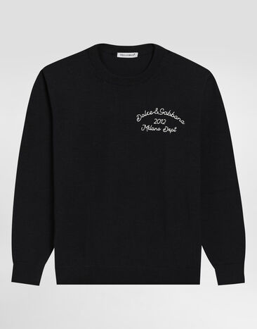 Dolce & Gabbana Plain-knit wool sweater with embroidery Blue L4KWE2JDVCA