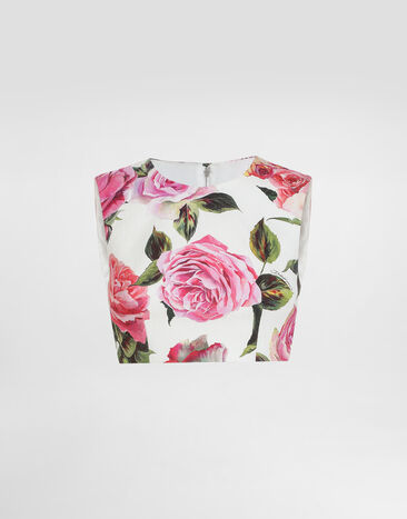 Dolce & Gabbana Kurzes Top aus Baumwolljacquard Rosenprint Drucken F7AO5TFSRQJ