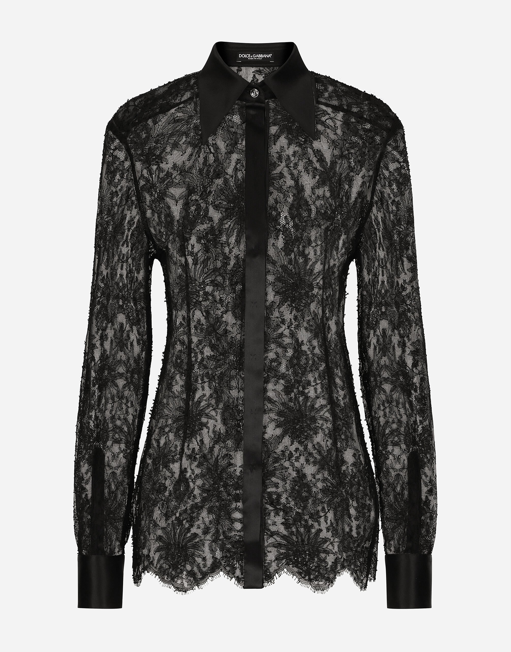Dolce&Gabbana Bluse aus Chantilly-Spitze mit Details aus Satin Schwarz F6DKITFU1AT