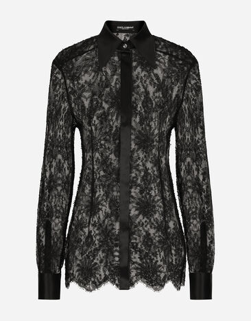 Dolce&Gabbana Bluse aus Chantilly-Spitze mit Details aus Satin Schwarz F5R42TMLMAE