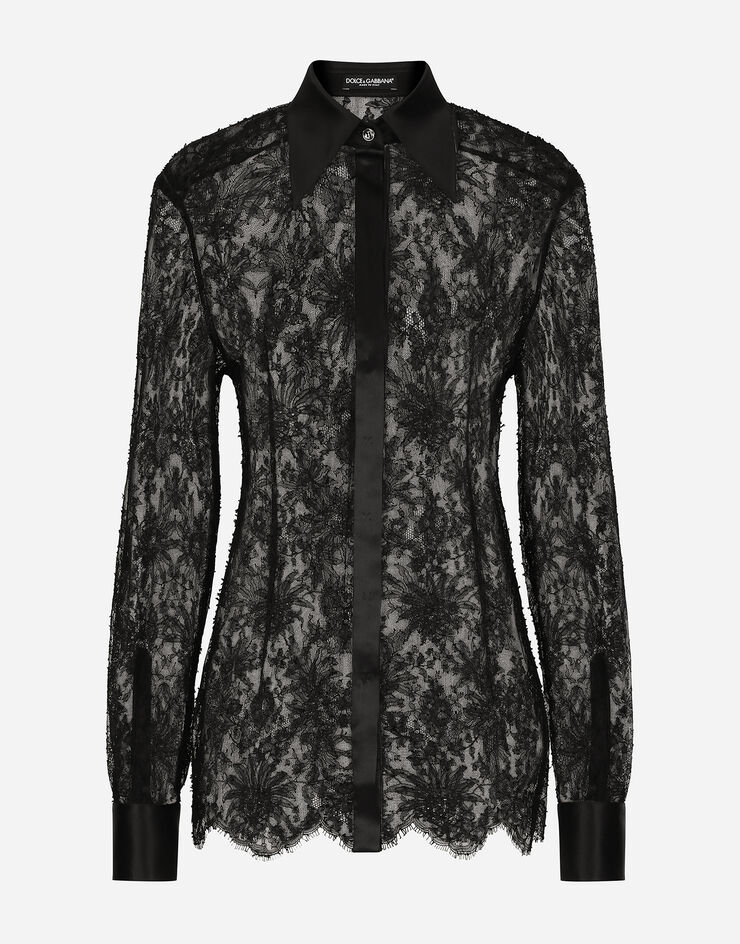 Dolce&Gabbana Camisa de encaje Chantilly con detalles de raso Negro F5R42TMLMAE