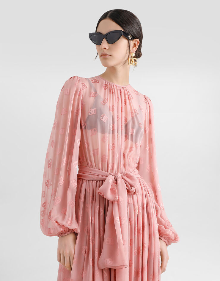 Dolce & Gabbana DG 徽标烧花提花真丝中长连衣裙 Pink F6AOJTFJTBR
